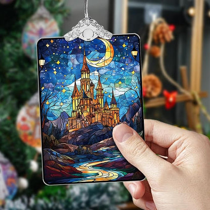 Castle Stained Glass Ornament, 2025 Christmas Tree Hanging Decoration for Gift Exchange or Stocking Stuffer, Fantasy Holiday Decor, 3.8 x 2.4 Inch
