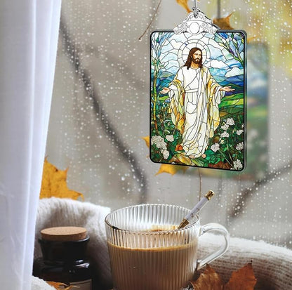 Jesus Stained Glass Ornament, 2025 Christmas Tree Hanging Decoration for Gift Exchange or Stocking Stuffer, Religious Holiday Decor, 3.8 x 2.4 Inch