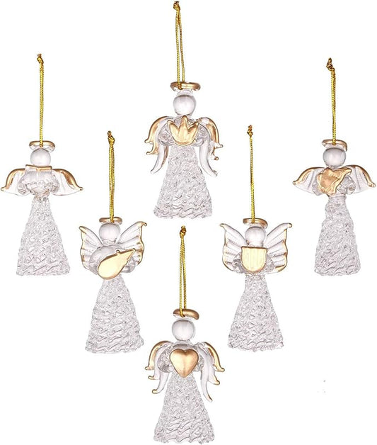 12 Glass Angel Ornaments for Christmas Tree - Clear Mini Hanging Angels