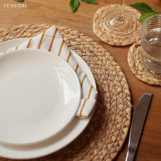 Woven Placemats Round Placemats Set of 6, 13.5 Inch Wicker Placemat Circle Rattan Placemats Farmhouse Boho Braided Natural Water Hyacinth Place Mats for Indoor & Outdoor Table Decor