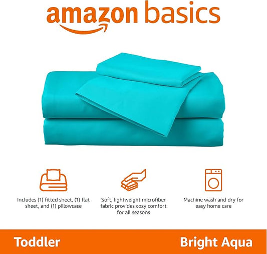 Amazon Basics Kid's Soft Easy-Wash Lightweight Microfiber 3-Piece Sheet Set, Toddler, Bright Aqua, Solid