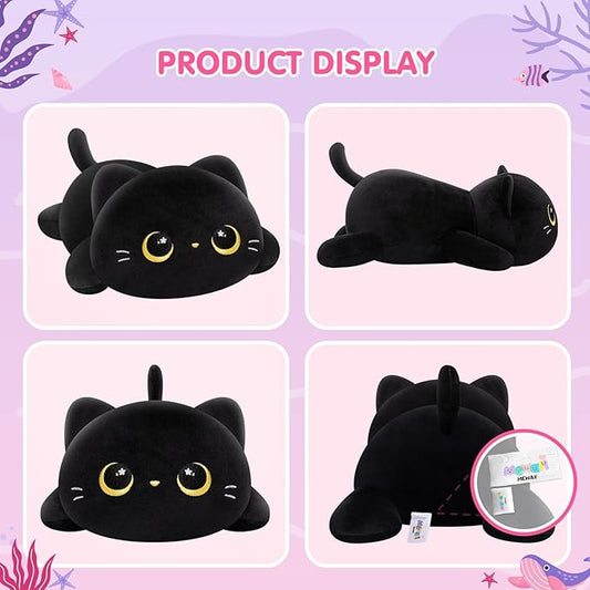 Cute Cat Plush Pillow, Kawaii Plushies Black Cat Stuffed Animals, Squishy Plushies, Cuddle Plush Pillow for Boys & Girls