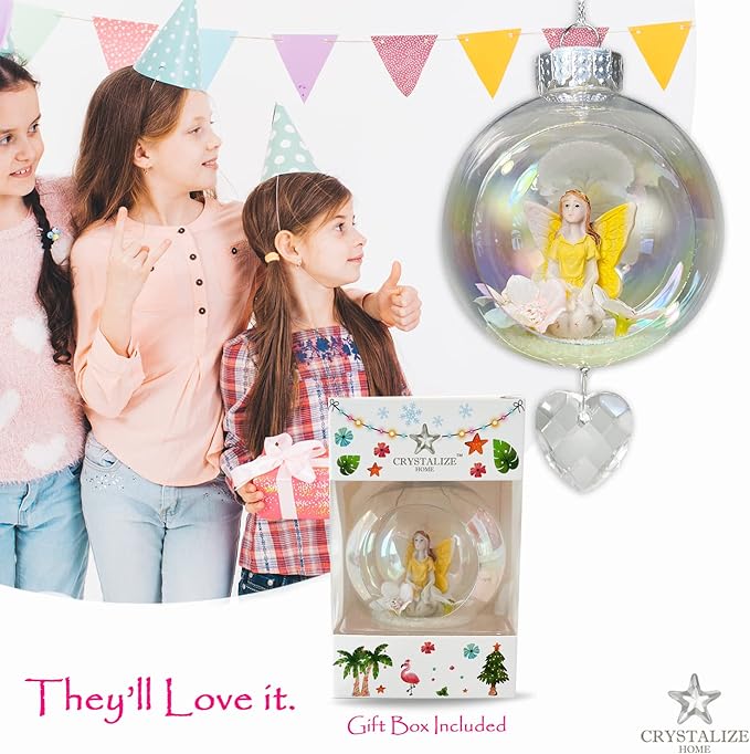 Yellow Fairy Christmas Ornament - Handmade Shatterproof Decorations for Indoor Outdoor Xmas Tree - Clear Ball Ornaments with Magnetic Crystal - Great Gift or Stocking Stuffer for Mom, Sister, Friend