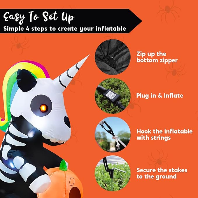 Joiedomi 5 FT Halloween Inflatables Skeleton Decor Outdoor, Blow Up Decorations Sitting Skeleton Unicorn with LEDs for Halloween Decorations Outside, Yard Decor