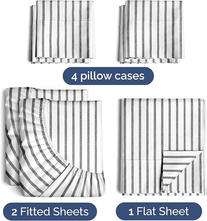 CGK Linens Split King 7 Piece Sheet Set - Cooling Sheets for Hot Sleepers - Hotel Luxury Bedding Set w/ 8-16 Inch Deep Pockets - 1 Flat & 2 Fitted & 4 Pillowcases - Soft & Wrinkle Free - Beige Stripes