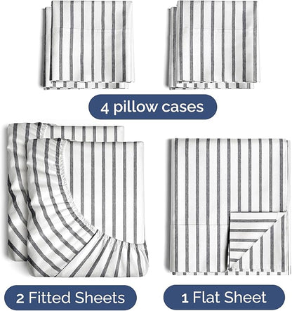 CGK Linens Split King 7 Piece Sheet Set - Cooling Sheets for Hot Sleepers - Hotel Luxury Bedding Set w/ 8-16 Inch Deep Pockets - 1 Flat & 2 Fitted & 4 Pillowcases - Soft & Wrinkle Free - Beige Stripes