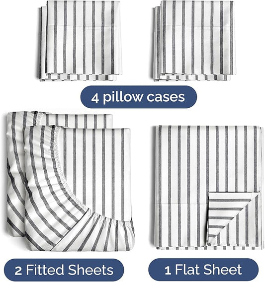 CGK Linens Split King 7 Piece Sheet Set - Cooling Sheets for Hot Sleepers - Hotel Luxury Bedding Set w/ 8-16 Inch Deep Pockets - 1 Flat & 2 Fitted & 4 Pillowcases - Soft & Wrinkle Free - Beige Stripes