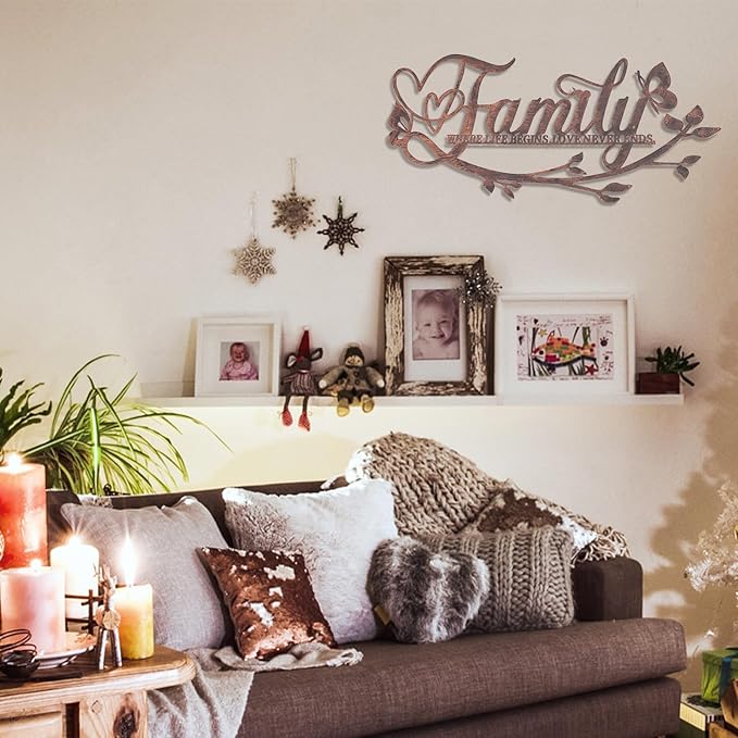 AUHOKY Family Where Life Begins Love Never Ends Word Sign Metal Wall Decor, Black Home Decor Wall Art Decorations, Letters Quotes Sign for Living Room Bedroom Kitchen Indoor Outdoor Decor(17.5 x 9in)