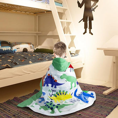 Kids Bath Towel Hooded - Cotton Kids Beach Towel 30"x50" for Ages 3 to 10, Toddler Towels with Hood Snaps, Soft Terry Poncho Towel as Pool Swim Cover Ups for Girls Boys (Dino Green)