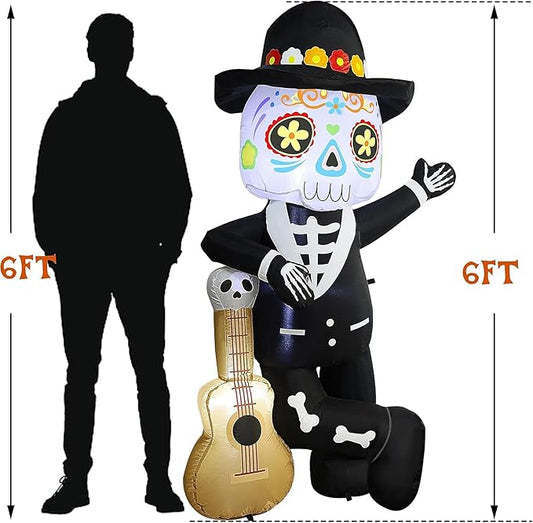 Joliyoou 6FT Halloween Inflatable Decoration, Lighted Blow Up Skeleton with A Guitar, Plug-In Holiday Indoor Outdoor Standing Decor for Spooky Party Day of the Dead (Skeleton Leaning Against A Guitar)