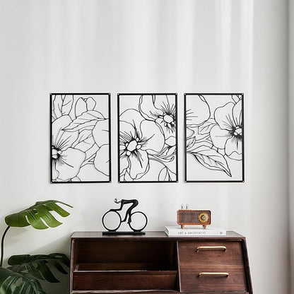 FUNTEREST 3 Pieces Black Metal Wall Art Decor Modern Minimalist Floral Single Line Living Room Wall Decor Abstract Wall Hanging Decor for Kitchen Office Bedroom Bathroom (Floral A)