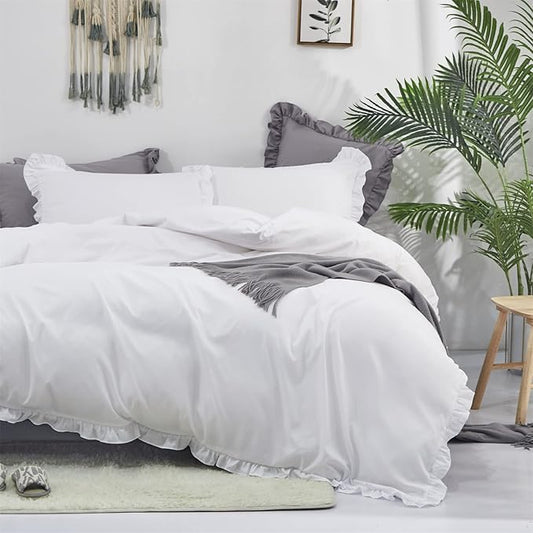 Wellboo White Comforters Full Size Solid White Shabby Chic Farmhouse Bedding Comforter Set Women Girls Ruffle Bed Quilt Boho White Lace Blankets Soft Vintage Rustic Floral Lace Comforter Set Durable