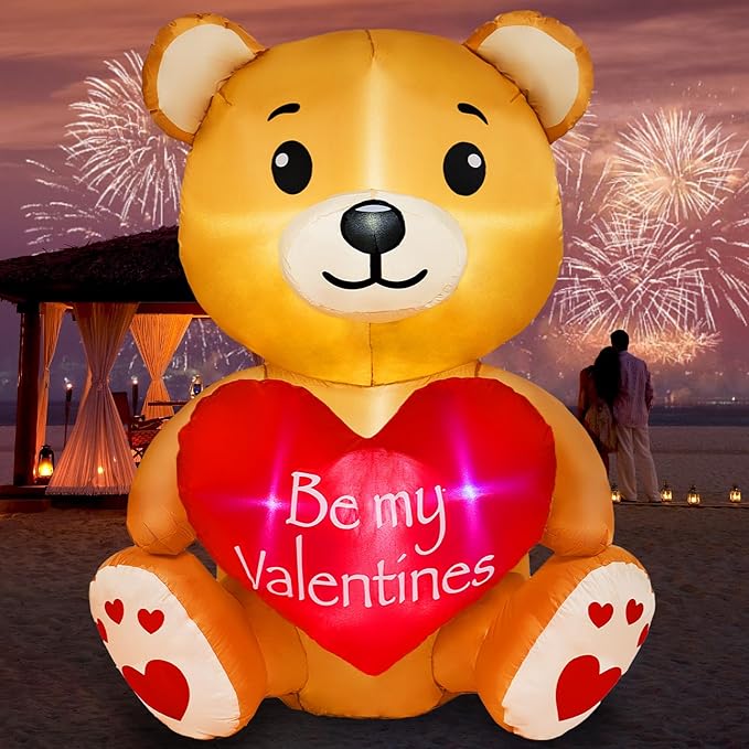 4FT Valentines Day Inflatable Bear Holds Love Heart, Valentines Day Decor Built-in RGB LED Lights, Valentines Gift Blow Up Yard Decoration for Party Anniversary Wedding Propose Garden Lawn