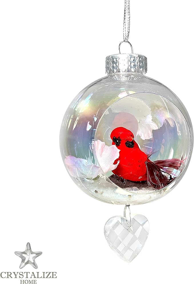 Cardinal Christmas Ornament - Handmade Shatterproof Decorations for Indoor Outdoor Xmas Tree - Clear Ball Ornaments with Magnetic Crystal - Great Gift or Stocking Stuffer for Mom, Sister, Friend
