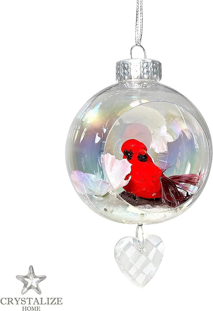 Cardinal Christmas Ornament - Handmade Shatterproof Decorations for Indoor Outdoor Xmas Tree - Clear Ball Ornaments with Magnetic Crystal - Great Gift or Stocking Stuffer for Mom, Sister, Friend