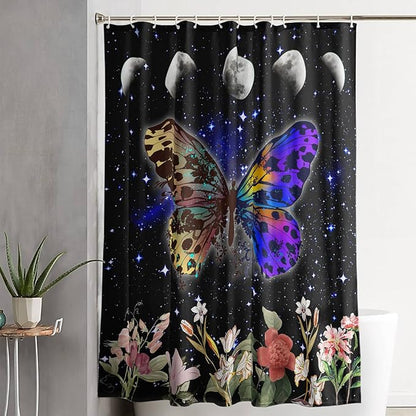 AILONEN Colorful Moth Shower Curtain,Sun and Moon Shower Curtain Set for Kids Girls Boys,Boho Natural Flowers Bath Curtain,Starry Night Bathroom Decor Shower Curtain with 12 Hooks,72" W*72" H