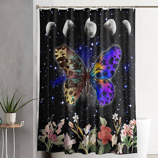 AILONEN Colorful Moth Shower Curtain,Sun and Moon Shower Curtain Set for Kids Girls Boys,Boho Natural Flowers Bath Curtain,Starry Night Bathroom Decor Shower Curtain with 12 Hooks,72" W*96" H