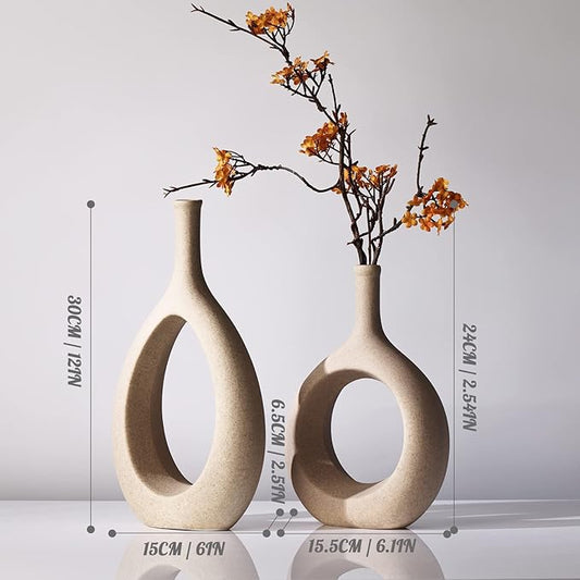 Tan Ceramic Vase Set 2,Modern Hollow Circle with Hole Flower Vase for Home Decor,for Table Centerpieces,Farmhouse,Fire Place,Living Room,Bedroom,Office,Bookshelf,Rustic Decor