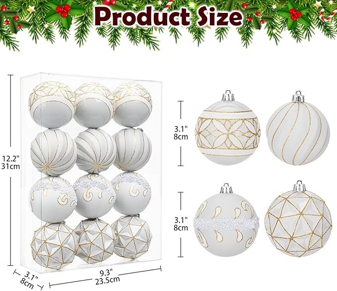 12pcs White Christmas Ornaments Balls 3.14 inch Glitter Hanging Christmas Tree Ornaments Set for Christmas Decorations Hand Painted Shatterproof Christmas Baubles for Xmas Holiday Party Decor