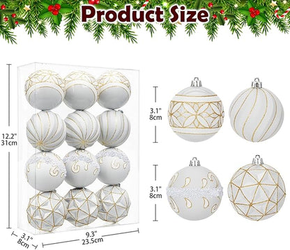 12pcs White Christmas Ornaments Balls 3.14 inch Glitter Hanging Christmas Tree Ornaments Set for Christmas Decorations Hand Painted Shatterproof Christmas Baubles for Xmas Holiday Party Decor