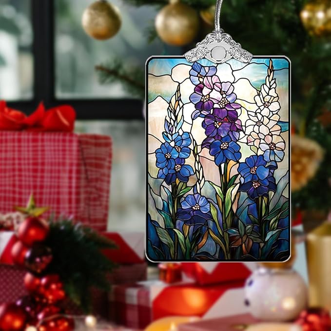 Wildflower Delphinium Stained Glass 2025 Christmas Ornament, Botanical Christmas Tree Hanging Decor for Holiday or Garden Lover Gift, 3.8 x 2.4 Inch