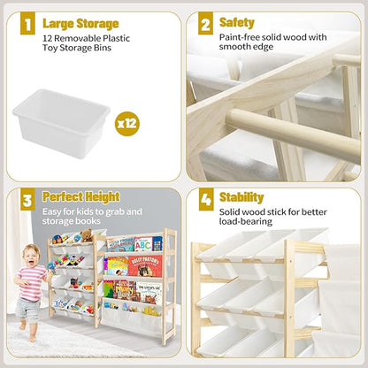 Toy Storage Organizer with Bookshelf - 12 Storage Bins 4-Tier Multipurpose Shelf to Organize Toys and Books for Kids Room, Playroom, Nursery Room, White