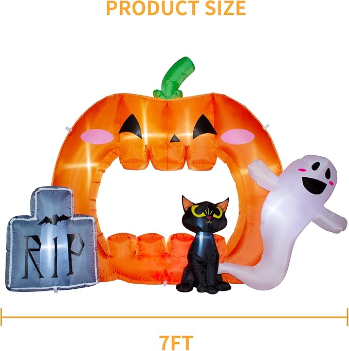7FT Halloween Inflatable Pumpkin Photo Frame with Tombstone Black Cat White Ghost,Built-in LEDs for Halloween Blow Up Indoor Decor, Cute Fun Holiday/Party/Yard/Garden Fantasy Party Display