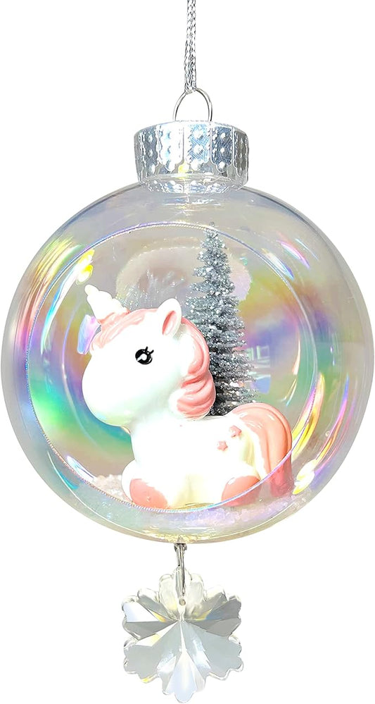 Baby Unicorn Christmas Ornament - Handmade Shatterproof Decorations for Indoor Outdoor Xmas Tree - Clear Ball Ornaments with Magnetic Crystal - Great Gift or Stocking Stuffer for Mom, Sister, Friend
