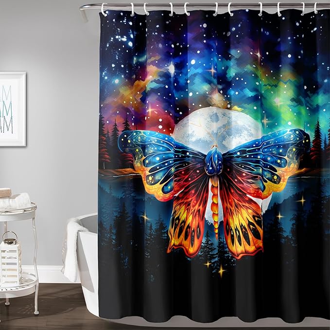 AILONEN Colorful Moth Shower Curtain,Galaxy Moon Moth Bath Curtain for Bathroom Decor,Polyester Waterproof with 12 Plastic Hooks 72" W*96" H