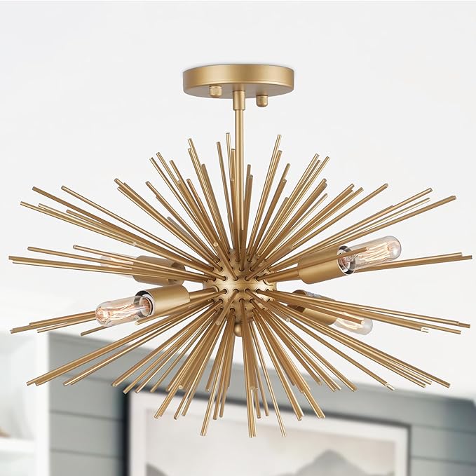 Modern 20" Gold Sputnik Light Fixture 4-Light Modern Semi Flush Mount Ceiling Light Solid Metal Golden Starburst Sputnik Chandelier for Dining Room, Bedroom, Kitchen, Laundry Room, Foyer
