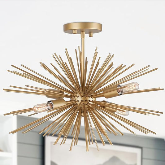 Modern 20" Gold Sputnik Light Fixture 4-Light Modern Semi Flush Mount Ceiling Light Solid Metal Golden Starburst Sputnik Chandelier for Dining Room, Bedroom, Kitchen, Laundry Room, Foyer