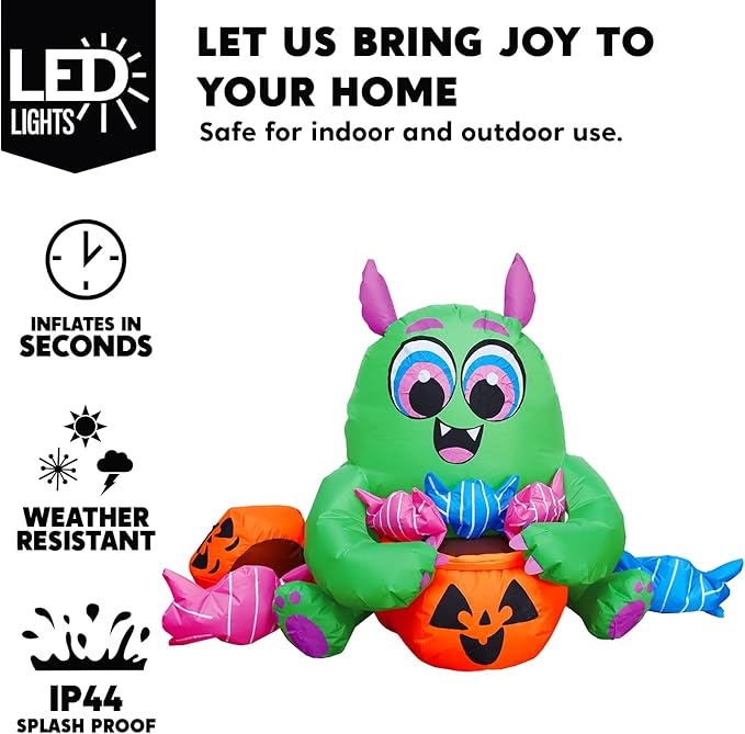 Joiedomi 5 Ft Long Cute Halloween Inflatables Monster with Candies Outdoor Decorations, Blow Up Monster with Build-in LEDs Halloween Inflatables for Indoor, Outdoor, Yard, Garden, Lawn Decorations