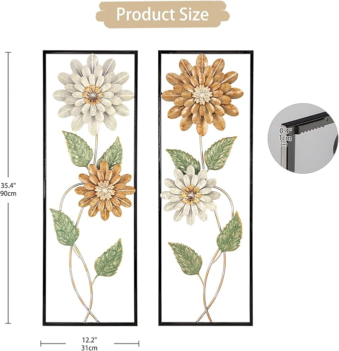 Metal Wall Art, Set of 2 Large Mordern Rectangular Wall Panels, Abstract Minimalist Flower Wall Décor for Living Room, Bedroom, Kitchen, Hallway Decoration
