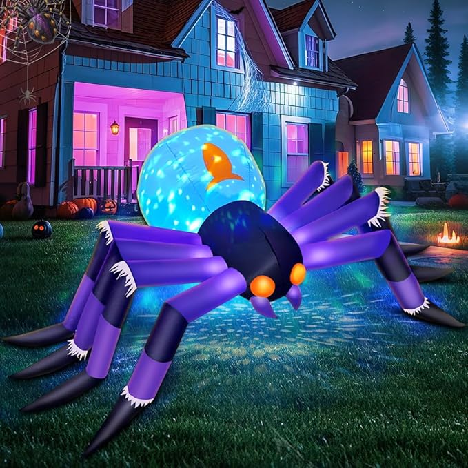 8FT Halloween Inflatables Spider Decoration, Built in 3-Colored Flame Rotation LEDs Halloween Blow up Outdoor Decorations for Halloween Holiday Party Lawn Yard Outside Garden Décor