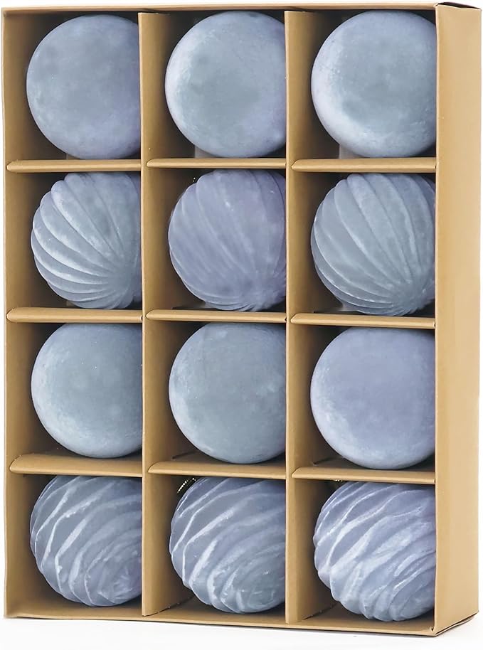 3.15inch Dusty Blue Velvet Christmas Ornaments for Xmas Tree, 12 pcs Flocked Christmas Balls Set Assortment for Holiday Decor