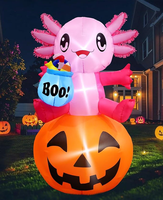 anroog Halloween Decorations Outdoor 5.2FT Axolotl Inflatables Pumpkin Blow Up Yard Decorations with LED Lights Halloween Outside Lawn Party Decor (Axolotl Pumpkin Inflatables)