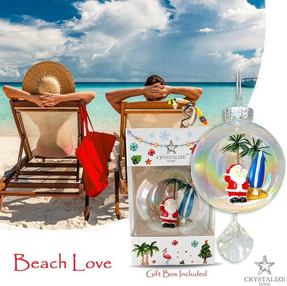 Santa Surf Christmas Ornament - Handmade Shatterproof Decorations for Indoor Outdoor Xmas Tree - Clear Ball Ornaments with Magnetic Crystal - Great Gift or Stocking Stuffer for Mom, Sister, Friend