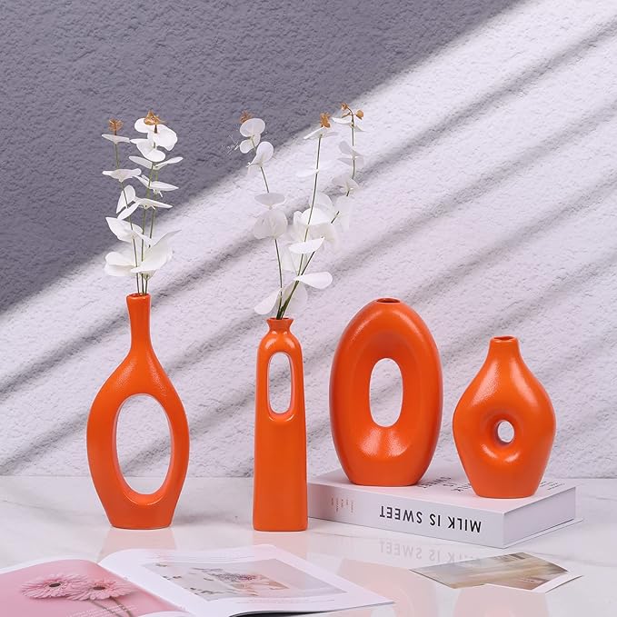 Orange Ceramic Vase Set of 4, Home Decor Circle Hollow Vases for Pampas Grass, Modern Decorative Flowers for Living Room, Office, Mantel, Entryway, Table Centerpieces