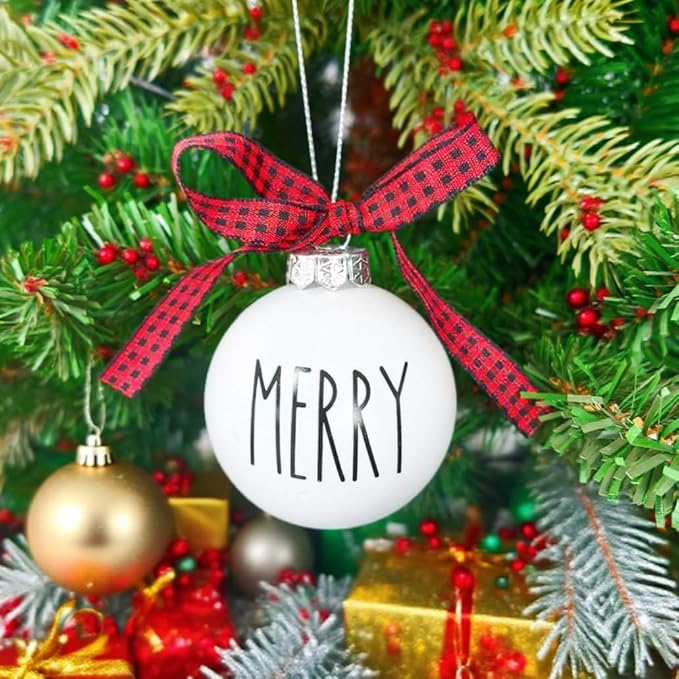 Christmas Decoration, White Christmas Ornament with Buffalo Plaid Bows, Christmas Tree Decor, Set,12PCS