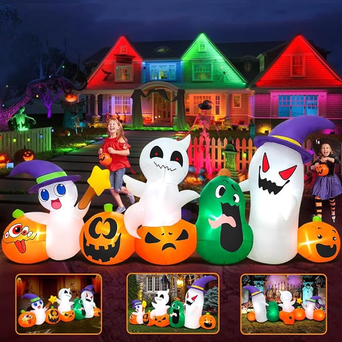 8 FT Halloween Inflatables Ghosts Pumpkins with Hat gnome Combo Decoration with Led Light Inflatables Outdoor Decor Blow up Inflatables for Holiday Party Lawn Yard Garden Decor