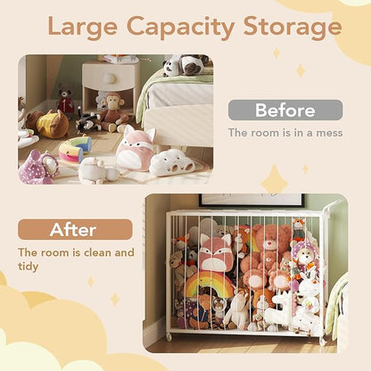 BBLIKE Stuffed Animal Storage Tower Rolling Cart - Zoo Cage Organizer for Kids' Plush Toys - Extra Large Storage Holder for Stuffy, Plushies & More in Playroom or Bedroom, 214L, White