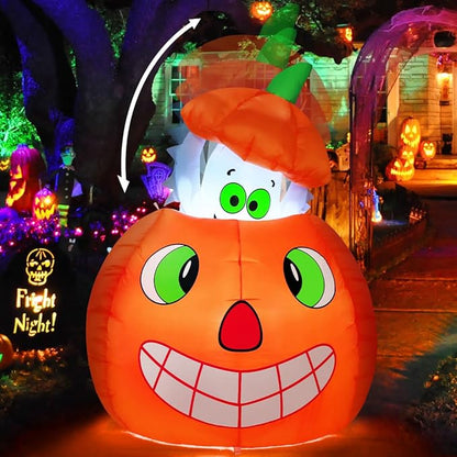 COMIN 5 FT Halloween Inflatables Animated Pumpkin Ghost Outdoor Decorations Blow Up Yard with Built-in LEDs for Indoor Party Garden Lawn Decor