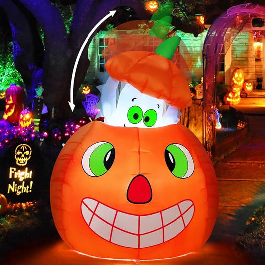 COMIN 5 FT Halloween Inflatables Animated Pumpkin Ghost Outdoor Decorations Blow Up Yard with Built-in LEDs for Indoor Party Garden Lawn Decor