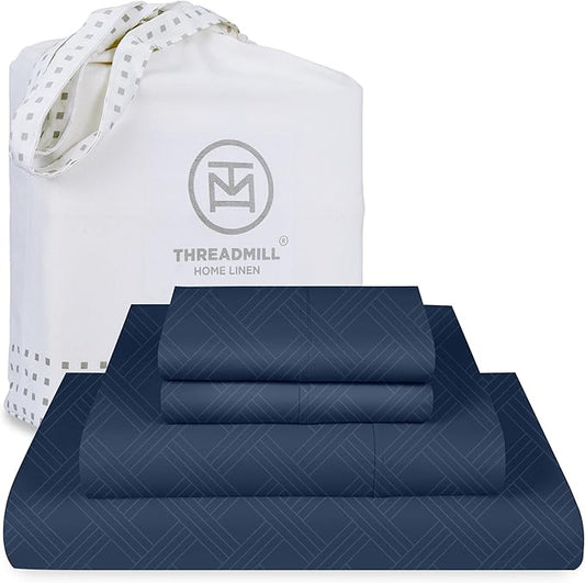 Threadmill Queen Sheet Set for Queen Mattresses | 800 Thread Count Jacquard Celine Folkstone Blue | Better Than Egyptian Cotton | 4 Pc Bed Sheets | Elasticized Deep Pocket | 100% Cotton Sheets