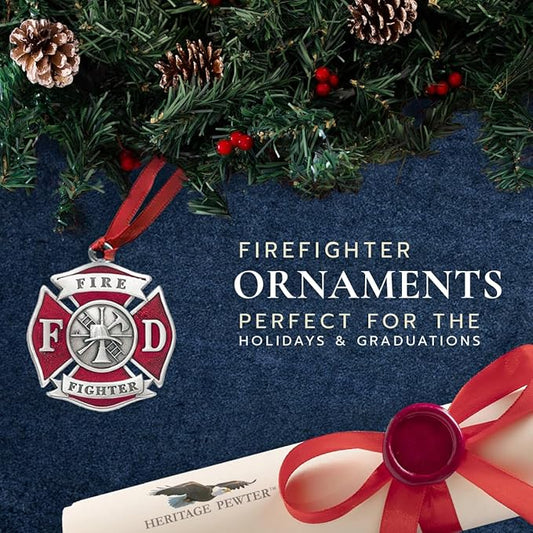 Firefighter Ornament | Hand-Sculpted Christmas Tree Ornament | Intricately Crafted Metal Pewter Alma Mater Inlay