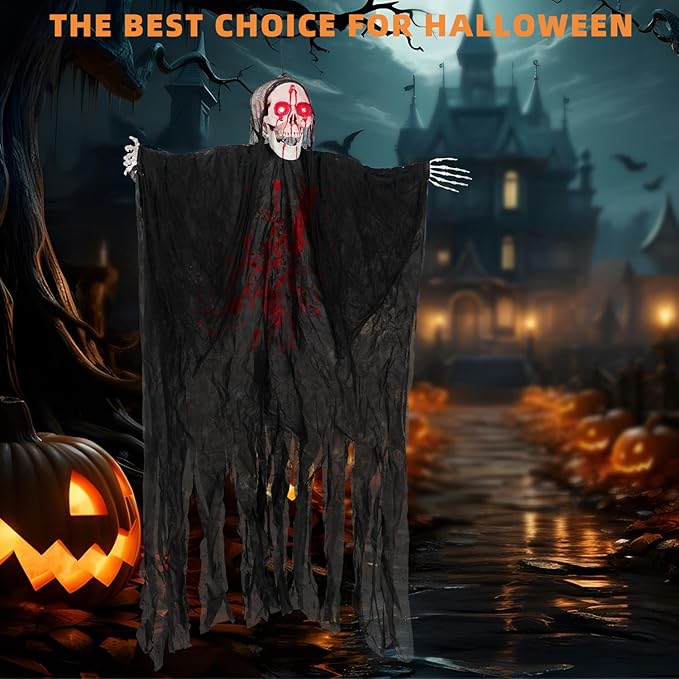 Halloween Decorations Outdoor and Indoor,67" Scary Hanging Ghosts,Halloween Grim Reaper Skeleton with Light-Up Eyes and Creepy Sound,Party Decorations for Yard,Haunted House Decor