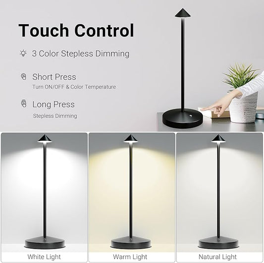 2Pack Cordless Table Lamp, Rechargeable Battery Operated Lamp 4000mAh with 3 Color Light Stepless Dimming Portable LED Desk Touch Table Lamp for Restaurant Nightstand Bedroom Living Room Black
