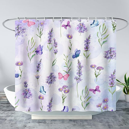 AILONEN Purple Flower Butterfly Shower Curtain 72" W*78" H,Spring Floral Girls Bathroom Decor,Modern Tie Dye Watercolor Butterfly Bath Curtain Polyester Waterproof Bathroom Curtain with Hooks