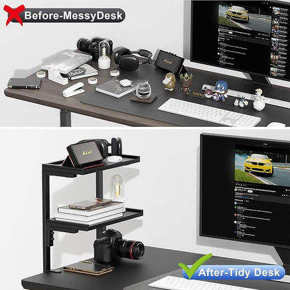 2-Tier Desk Shelf, Expandable Under Desk Storage, Clamp on Desk Shelf, Desktop Accessories for Offices, Study Rooms, and Game Rooms (Black)