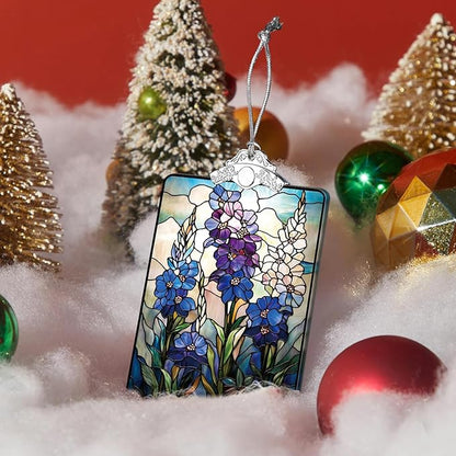 Wildflower Delphinium Stained Glass 2025 Christmas Ornament, Botanical Christmas Tree Hanging Decor for Holiday or Garden Lover Gift, 3.8 x 2.4 Inch